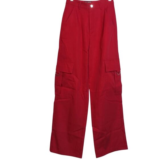 Pretty Little Thing Petite Red Buckle Detail Cargo Wide Leg Pants Size 2 - Picture 1 of 8